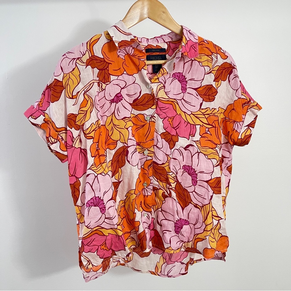 RACHEL Rachel Roy Pink and Orange Linen Floral Button Down Shirt Size S